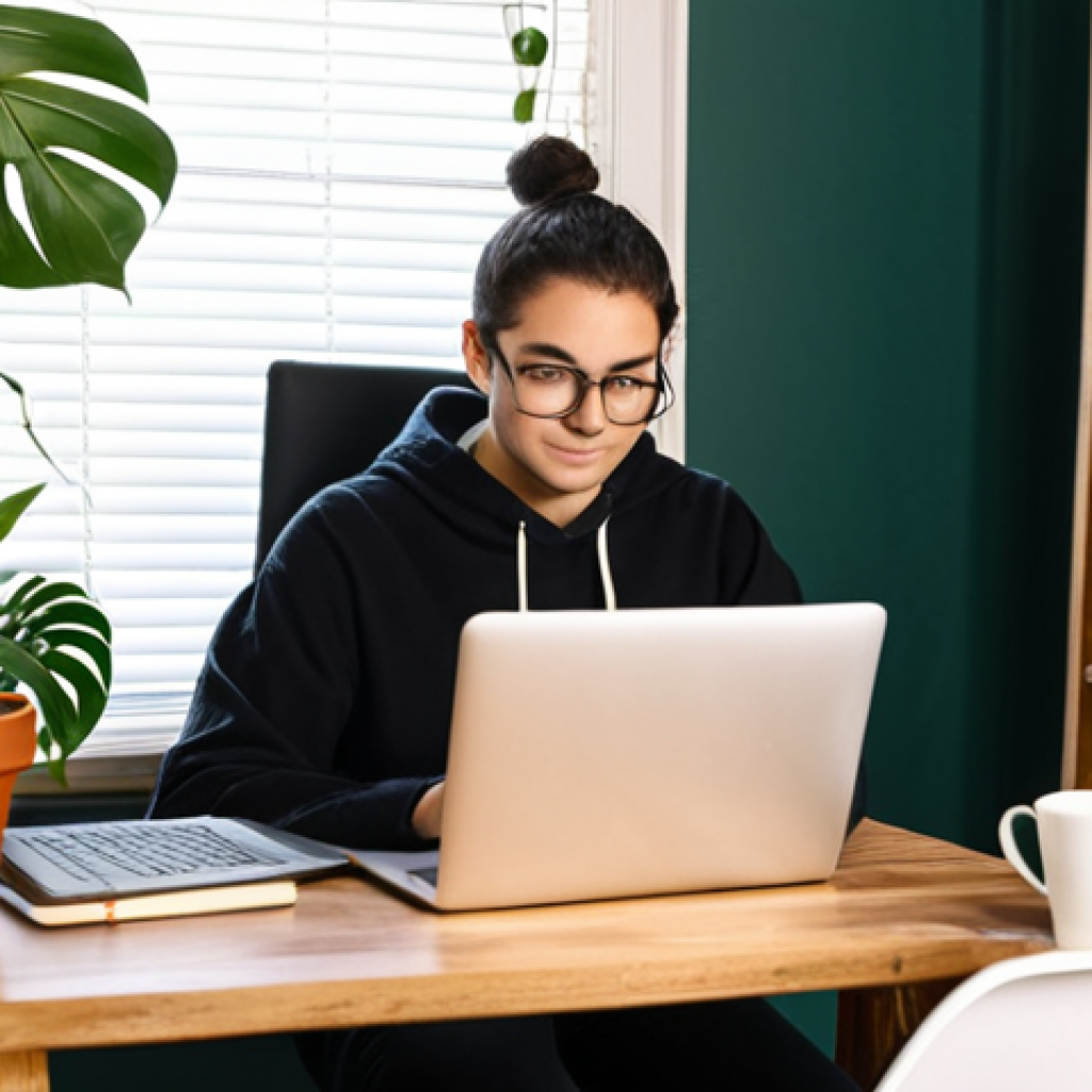 **Tech Sabbatical Reflection**: An individual sitting in a cozy workspace, surrounded by books and a laptop, deeply engaged in learning programming and digital marketing. The atmosphere is calm and inspiring, with plants and a coffee cup on the desk, symbolizing creativity and personal growth.