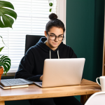 **Tech Sabbatical Reflection**: An individual sitting in a cozy workspace, surrounded by books and a laptop, deeply engaged in learning programming and digital marketing. The atmosphere is calm and inspiring, with plants and a coffee cup on the desk, symbolizing creativity and personal growth.