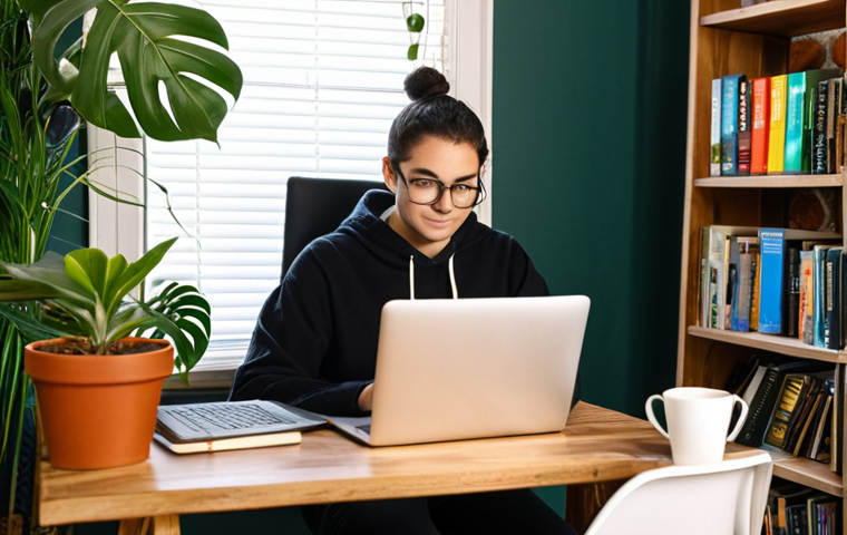 **Tech Sabbatical Reflection**: An individual sitting in a cozy workspace, surrounded by books and a laptop, deeply engaged in learning programming and digital marketing. The atmosphere is calm and inspiring, with plants and a coffee cup on the desk, symbolizing creativity and personal growth.